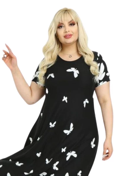 Melsay Butik Kelebek Desen Asimetrik Kısa Kollu Uzun Elbise - Resim 5