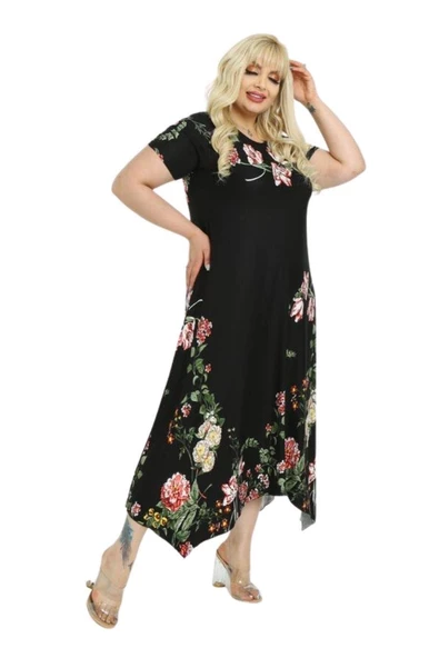 Melsay Butik Pembe Çiçekli Asimetrik Siyah Kısa Kollu Uzun Elbise - 6