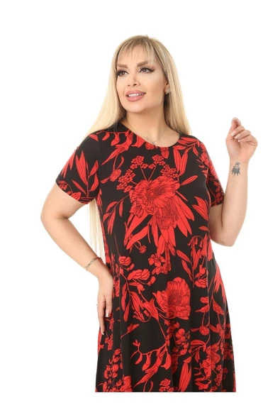 Melsay Butik Kırmızı Palmiye Desen Asimetrik Kısa Kollu Uzun Elbise - 6