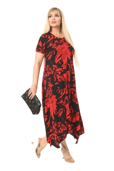 Melsay Butik Kırmızı Palmiye Desen Asimetrik Kısa Kollu Uzun Elbise - 3