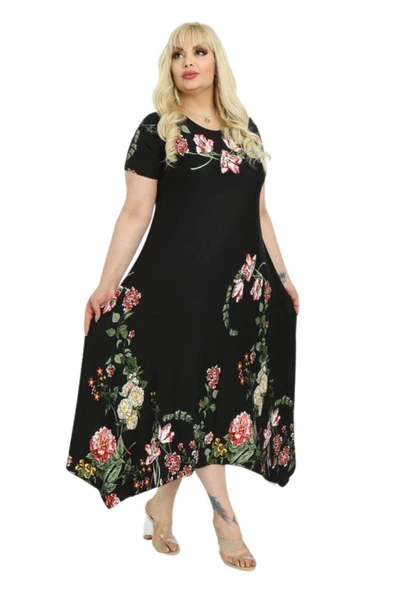 Melsay Butik Pembe Çiçekli Asimetrik Siyah Kısa Kollu Uzun Elbise - 4
