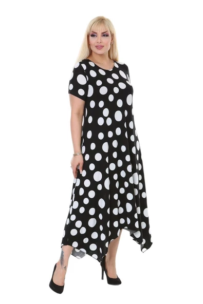 Melsay Butik Büyük Puanlı Asimetrik Kısa Kollu Uzun Elbise - Resim 3