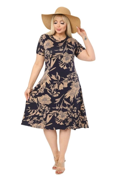 Melsay Butik Lacivert Palmiye Desen Kısa Kollu Büyük Beden Midi Elbise - 3