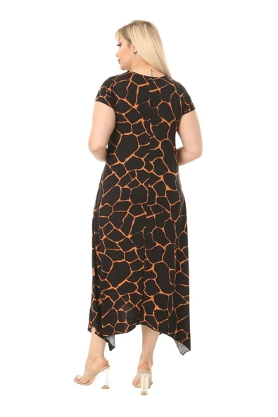 Melsay Butik Siyah Taş Desen Asimetrik Kısa Kollu Uzun Elbise - Resim 5