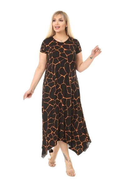 Melsay Butik Siyah Taş Desen Asimetrik Kısa Kollu Uzun Elbise - Resim 4