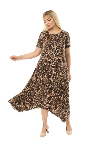 Melsay Butik Büyük Leopar Desen Asimetrik Kısa Kollu Uzun Elbise - Resim 3