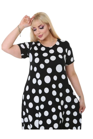 Melsay Butik Büyük Puanlı Asimetrik Kısa Kollu Uzun Elbise - Resim 4