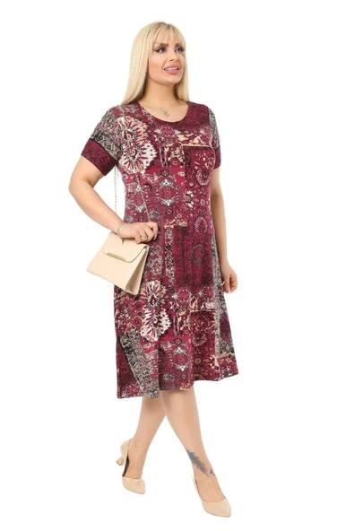 Melsay Butik Bordo Etnik Desen Kısa Kollu Büyük Beden Midi Elbise - Resim 4