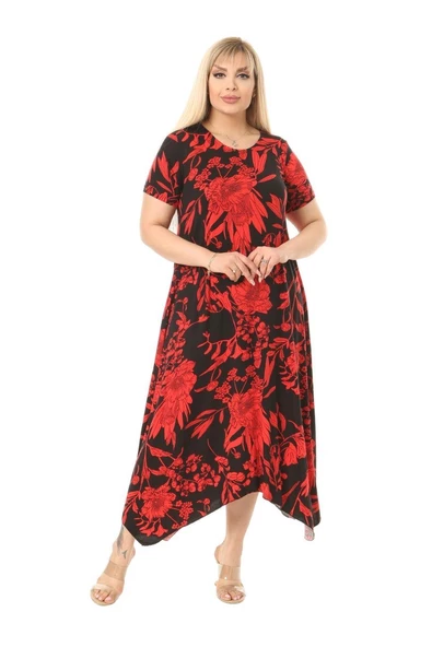 Melsay Butik Kırmızı Palmiye Desen Asimetrik Kısa Kollu Uzun Elbise - 4