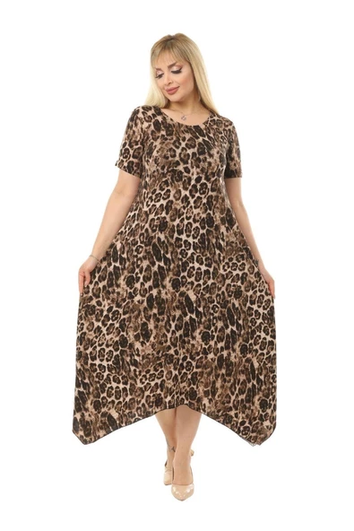 Melsay Butik Büyük Leopar Desen Asimetrik Kısa Kollu Uzun Elbise - Resim 2