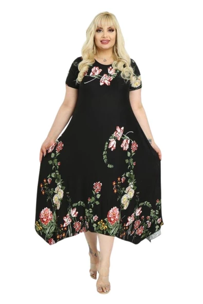 Melsay Butik Pembe Çiçekli Asimetrik Siyah Kısa Kollu Uzun Elbise - 3