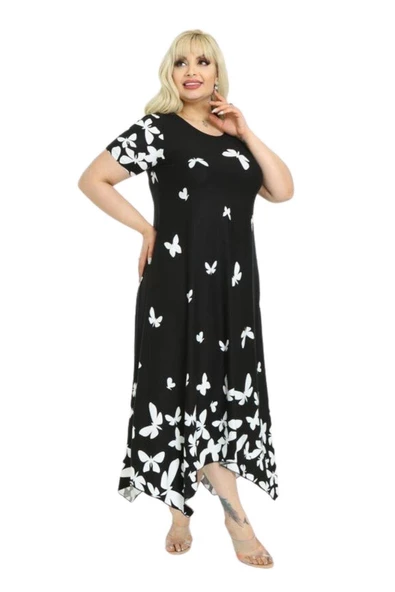 Melsay Butik Kelebek Desen Asimetrik Kısa Kollu Uzun Elbise - Resim 6