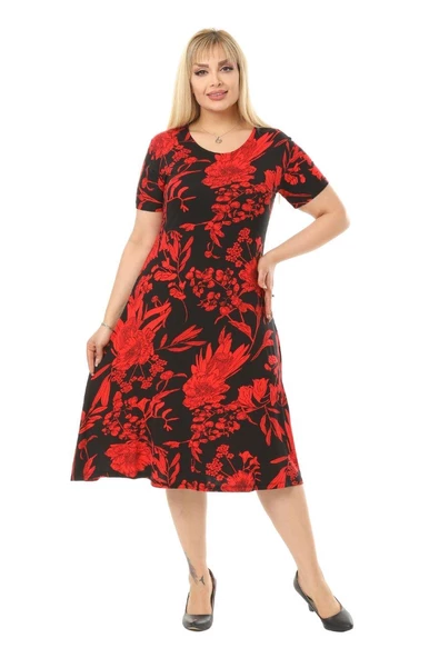 Melsay Butik Kırmızı Palmiye Desen Kısa Kollu Büyük Beden Midi Elbise - 2