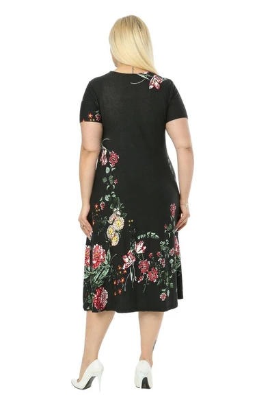 Melsay Butik Siyah Pembe Çiçekli Kısa Kollu Büyük Beden Midi Elbise - 5