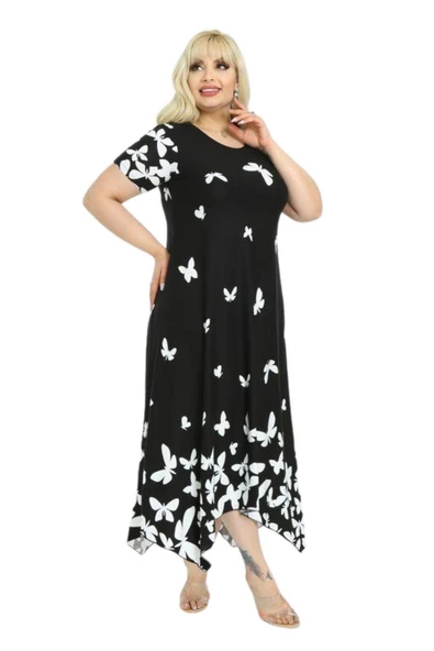 Melsay Butik Kelebek Desen Asimetrik Kısa Kollu Uzun Elbise - Resim 3