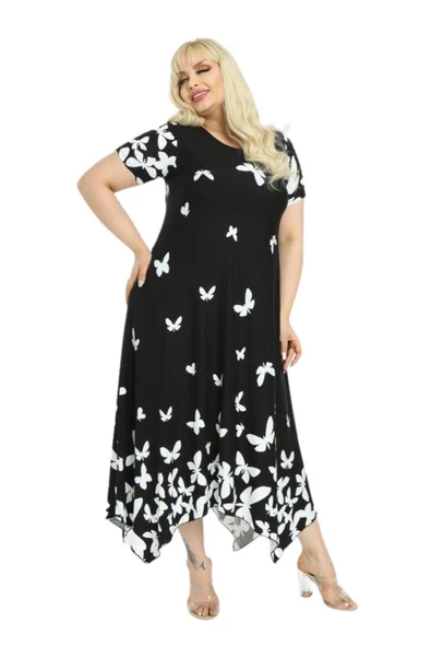 Melsay Butik Kelebek Desen Asimetrik Kısa Kollu Uzun Elbise - Resim 2