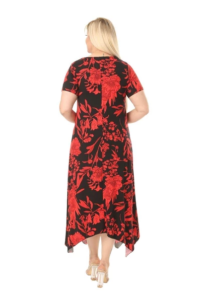 Melsay Butik Kırmızı Palmiye Desen Asimetrik Kısa Kollu Uzun Elbise - 5