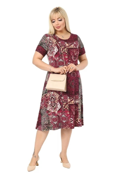 Melsay Butik Bordo Etnik Desen Kısa Kollu Büyük Beden Midi Elbise - Resim 3