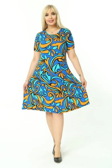 Melsay Butik Turkuaz Desen Kısa Kollu Büyük Beden Midi Elbise - Resim 3