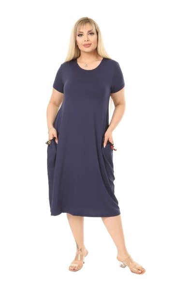 Melsay Butik Püsküllü Cepli Kısa Kollu Lacivert Midi Elbise - 3