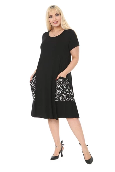 Melsay Butik Balon Cepli Zigzag Desen Kısa Kollu Midi Elbise - Resim 2