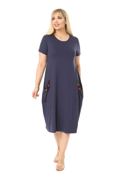 Melsay Butik Püsküllü Cepli Kısa Kollu Lacivert Midi Elbise - 2