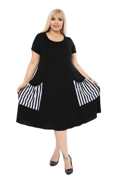 Melsay Butik Balon Cepli Çizgi Desen Kısa Kollu Midi Elbise - 3