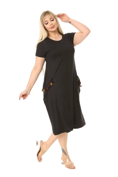 Melsay Butik Püsküllü Cepli Kısa Kollu Siyah Midi Elbise - 4