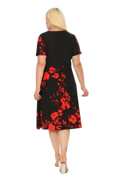 Melsay Butik Kırmızı Gelincik Kısa Kollu Büyük Beden Midi Elbise - Resim 5