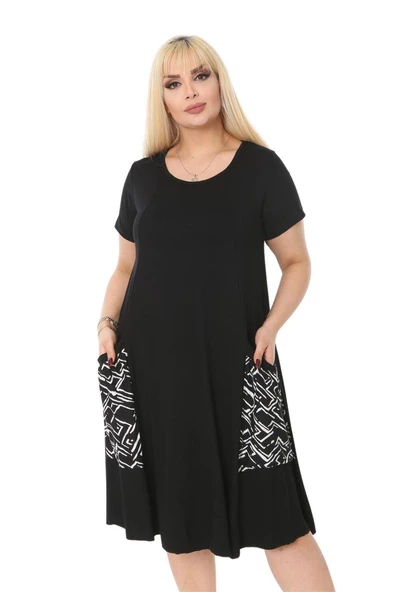 Melsay Butik Balon Cepli Zigzag Desen Kısa Kollu Midi Elbise - Resim 4