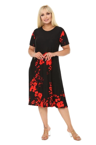 Melsay Butik Kırmızı Gelincik Kısa Kollu Büyük Beden Midi Elbise - Resim 2