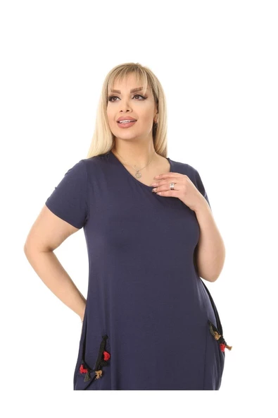 Melsay Butik Püsküllü Cepli Kısa Kollu Lacivert Midi Elbise - 6