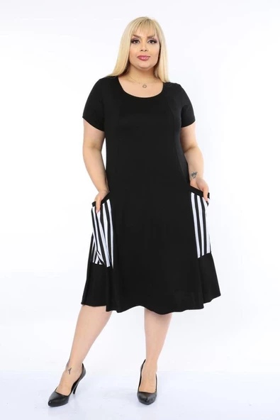 Melsay Butik Balon Cepli Çizgi Desen Kısa Kollu Midi Elbise - 2