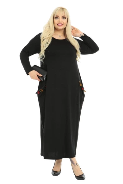 Melsay Butik Püsküllü Cepli Kadın Uzun Kollu Siyah Tesettür Elbise - Resim 3