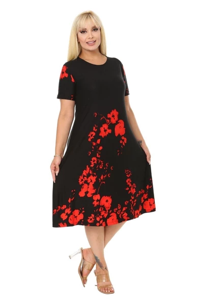 Melsay Butik Kırmızı Gelincik Kısa Kollu Büyük Beden Midi Elbise - Resim 3