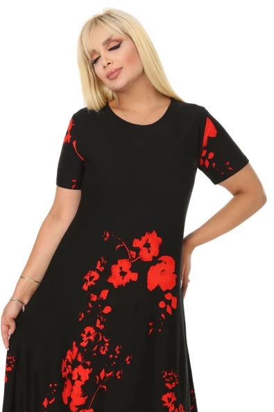 Melsay Butik Kırmızı Gelincik Kısa Kollu Büyük Beden Midi Elbise - Resim 6