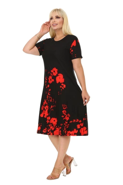 Melsay Butik Kırmızı Gelincik Kısa Kollu Büyük Beden Midi Elbise - Resim 4