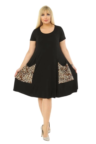 Melsay Butik Balon Cepli Leopar Desen Kısa Kollu Midi Elbise - Resim 5