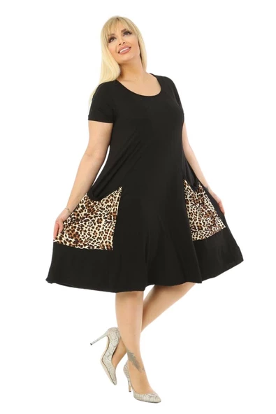 Melsay Butik Balon Cepli Leopar Desen Kısa Kollu Midi Elbise - Resim 6