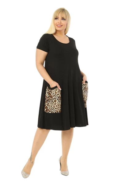 Melsay Butik Balon Cepli Leopar Desen Kısa Kollu Midi Elbise - Resim 3