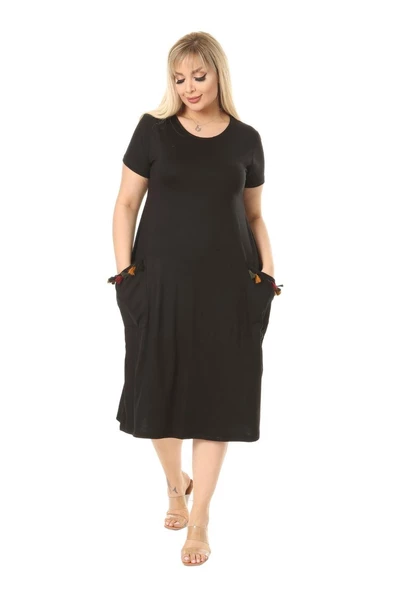 Melsay Butik Püsküllü Cepli Kısa Kollu Siyah Midi Elbise - 3