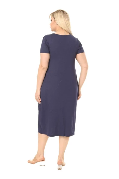 Melsay Butik Püsküllü Cepli Kısa Kollu Lacivert Midi Elbise - 5