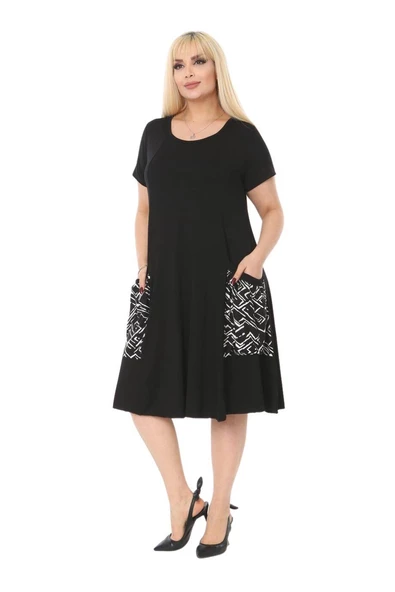 Melsay Butik Balon Cepli Zigzag Desen Kısa Kollu Midi Elbise - Resim 3