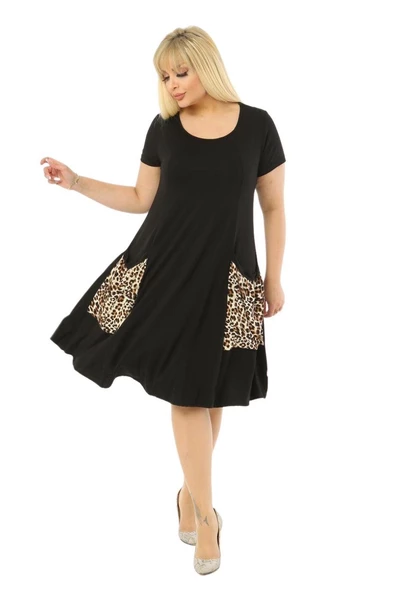 Melsay Butik Balon Cepli Leopar Desen Kısa Kollu Midi Elbise - Resim 4