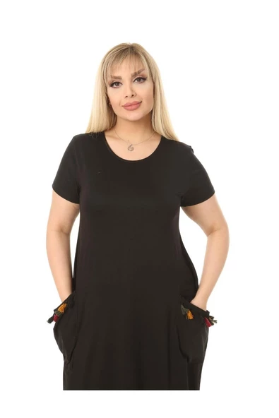 Melsay Butik Püsküllü Cepli Kısa Kollu Siyah Midi Elbise - 5