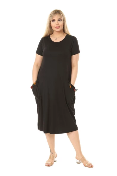 Melsay Butik Püsküllü Cepli Kısa Kollu Siyah Midi Elbise - 2