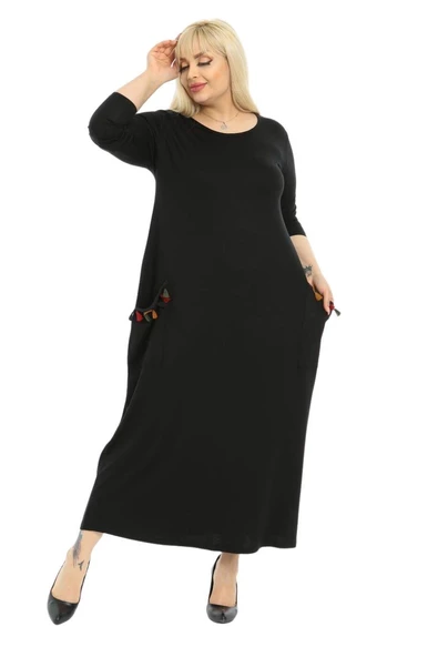 Melsay Butik Püsküllü Cepli Kadın Uzun Kollu Siyah Tesettür Elbise - Resim 4