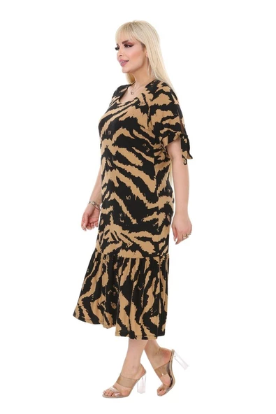 Melsay Butik Vizon Zebra Desen Bağlamalı Kısa Kollu Kadın Midi Elbise - 5