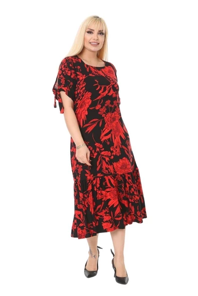 Melsay Butik Kırmızı Palmiye Desen Bağlamalı Kısa Kollu Kadın Midi Elbise - 10