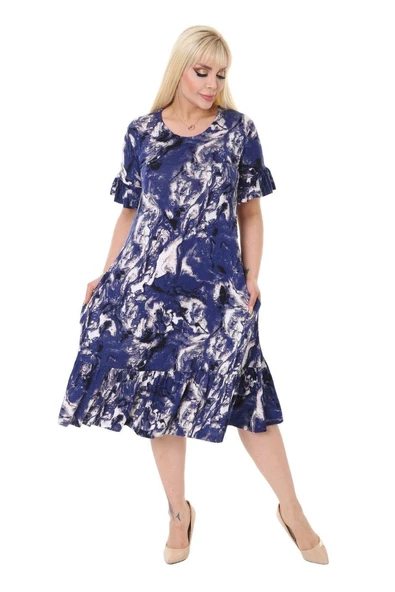 Melsay Butik Mavi Batik Desen Fırfırlı Kısa Kollu Kadın Midi Elbise - 6